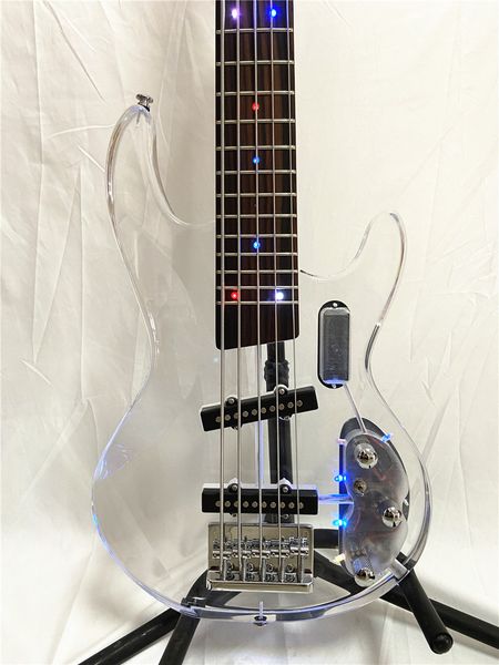Grand 5 String 5 String acrílico Crystal Transparente Plexiglass Electric Bassi Guitar Led Color Flashing