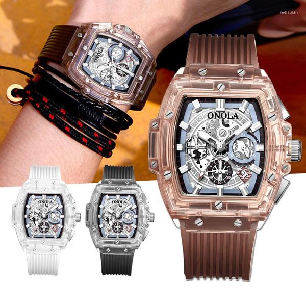 Relógios de punho de quartzo masculino Dial Hollow Case de plástico transparente Moda luminosa multifuncional 30m à prova d'água J55