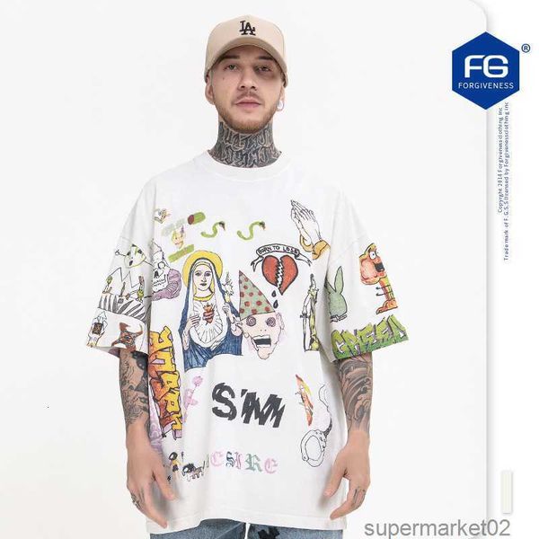 FG Herrenbekleidung 2023 Frühling und Sommer neue trendige Hip-Hop-gleiche handbemalte Graffiti-High-Street-Rundhalsausschnitt verwendet Kurzarm-T-Shirt Männer