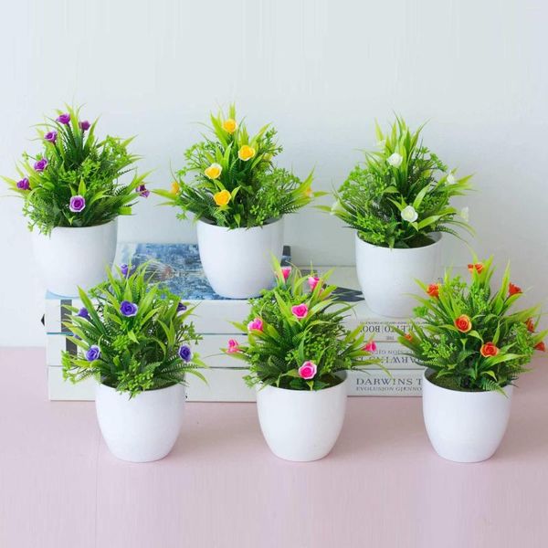Flores decorativas Mini Mini Rose Pott Past Plants Plants Bonsai de plástico para decoração de desktop em casa externa