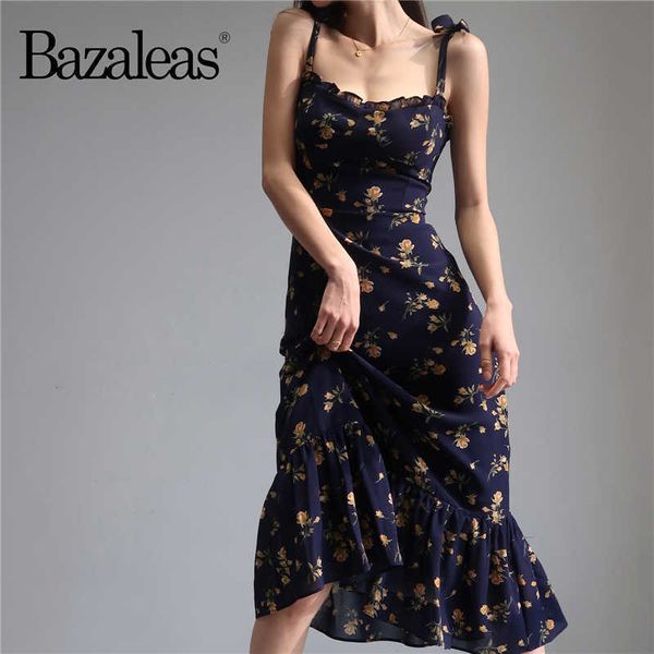 Abiti casual Bazaleas Retro senza maniche indietro Abiti elastici Vintage Navy Midi Abito donna Elegante Tulipani Stampa Spaghetti Strap Vestidos Z0506