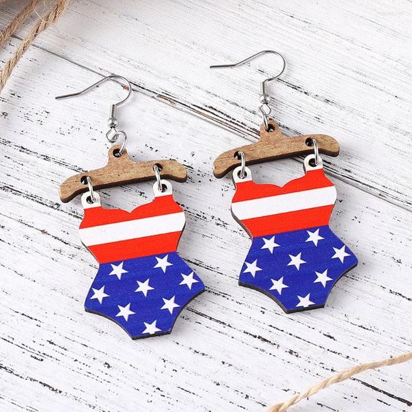 Ohrhänger PATRIOTIC Fourth Of July Bikini Holz Rot Weiß Blau Stern Für Damen Amerikanische Flagge Stahl Accessori