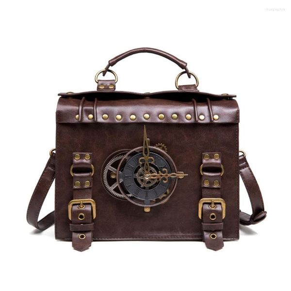 Marsupi Steampunk Lolita Borsa a tracolla in pelle PU Gothic Retro Gear Clock Style Round Motorcycle