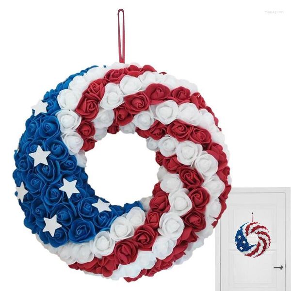 Flores decorativas Dia patriótico Garland 4 de julho Americana Wreath Wreath azul decorações vermelhas brancas para a parede da porta da frente