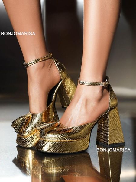 Sandálias plataforma para mulheres tornozelo cinta chunky salto ouro prata bling moda sexy casar jane sapatos 2023 primavera marca 230505