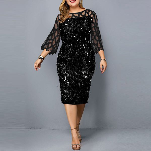 Kleider in Übergröße Partykleid Übergröße Damen Pailletten Mesh Langarm Spitze Abendkleider für Damen XL-5XL Übergröße 230506