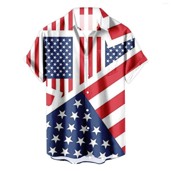 Camisas casuais masculinas 4 de julho Mens American Flag 3D Impressão masculina Independence Day Shirt Praia 3xl Botão de manga curta BLUSAS Pullover