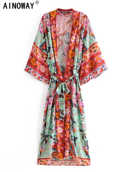 Costumi da bagno da donna Boho Donna Stampa pavone Manica a pipistrello Beach Bohemian Kimono Robe Ladies Scollo a V Nappa Summer Happie Bikini Coverups 230506