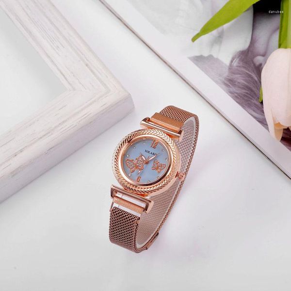 Armbanduhren High-End-Mode mit Diamanten besetzt Damen Milano Mesh-Bügel-Uhr-Schmetterling Strass Digital Face Magnet