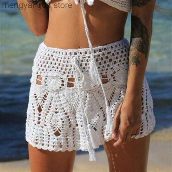 Röcke Candy Farbe Handgemachte Baumwolle Gestrickte Häkelarbeit Miniröcke Frauen Sommer Aushöhlen Hohe Taille Strandrock Weiße Unterteile 2020 T230506