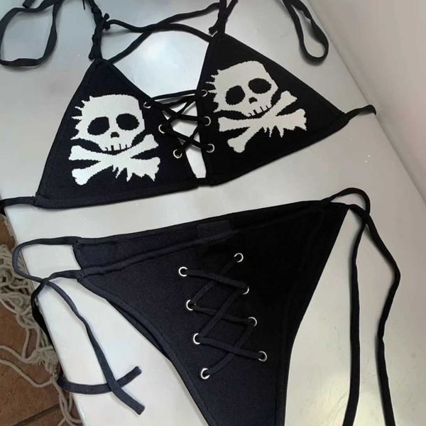 Damen Bademode Gothic Punk Skull Print Sexy Bikini Anzug Damen Bademode Y2K Sommer Lace Up Badeanzug Mädchen Beachwear J230506