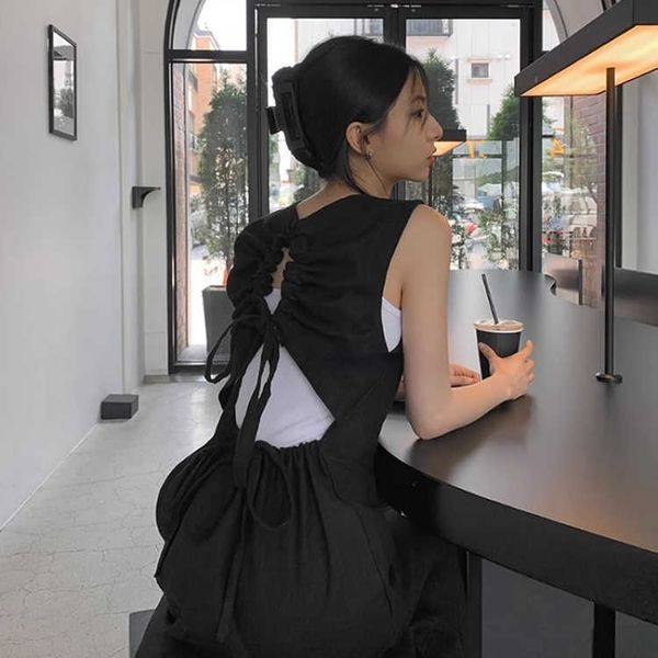 Sıradan Elbiseler Vintage Moda Siyah Dantel Yukarı Spagetti Kayış Elbise Yaz Yeni Oneck Sırtsız Kolsuz Vestidos Seksi Yüksek Bel Aline Elbiseler Z0506