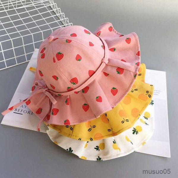Шляпы шляпы сладкая детская шляпа для девочек хлопковые фруктовые припечатки деть ковша шляпы Боунки Принцесса Детская солнце