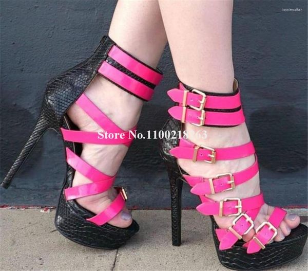 Sandalen Sexy Patchwork Snakeskin Straps Schnallen Thin Heel Open Toe Pink High Platform Stiletto Kleid Schuhe Party Heels