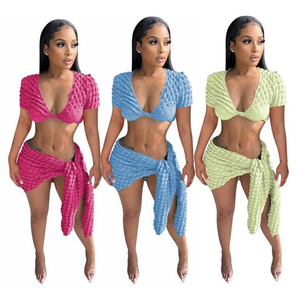 2023 Designer Bubble Dress Sets Women Women Sexy Deep V Neck Crop Top e Bandagem Skirt Duas peças Conjuntos Casuais Mini -saia Ternos de atacado Roupas 9826