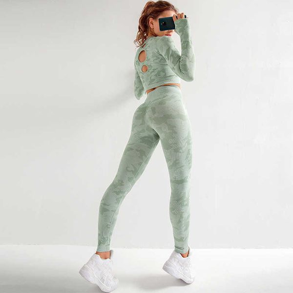 Yoga-Outfit Yoga-Sets Frauen Gymnastikkleidung 2-teiliges Set Fitness Leggings Langarmshirts Sportbekleidung für Frauen Camouflage Sportbekleidung Anzüge J230506