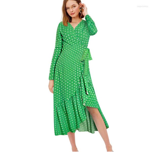 Vestidos casuais verão maxi vestido mulheres polka ponto sexy v pescoço bandidos de manga longa praia de férias de verão