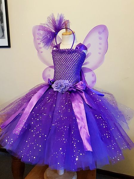 Mädchen Kleider Mädchen lila Schmetterling Blume Tutu Kinder Glitter Tüll Ballkleid mit Flügel Kindergeburtstagsfeier Kostüm 230506