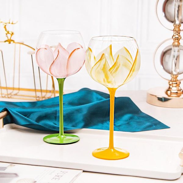 Şarap Gözlükleri 440ml El Boyalı Çiçek Camı Parlak Vintage Şeffaf 1 PCS Renkli Kristal Goblet Ortaçal Kupa P