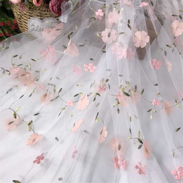 Tecido 3D tecido de malha bordado com flores véu de renda bordado para roupas de tecido bordado de casamento por atacado P230506