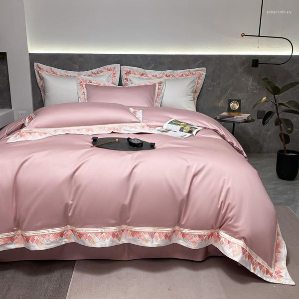 Bedding Sets de alta qualidade dos 100s de algodão de algodão de alto padrão de algodão Filas planas/ajustadas de folhas 4pcs de luxo bordado de cor sólida