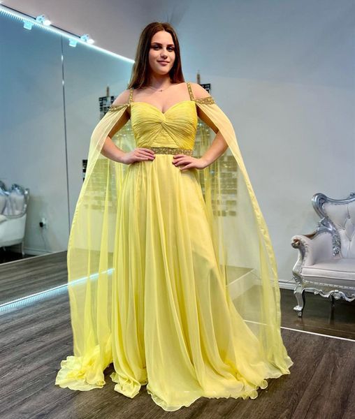 Chic A-line giallo lungo abito da ballo in chiffon con perline elegante abito da sera cinghie abiti da festa in chiffon abito da laurea