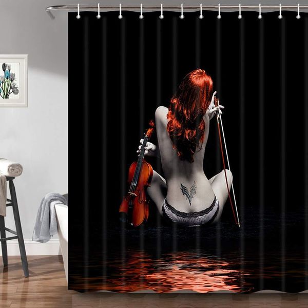 Vorhänge Mode Sexy Frau Duschvorhänge Hübsches Tattoo-Mädchen mit Violine in schwarzem Stoff-Duschvorhang