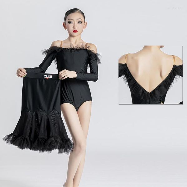Стадия ношения девочек латиновый танцевальный платье Черное беззаботное соединительное костюм