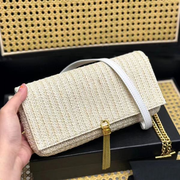 yaz örgü saman Kate püsküllü rafias çantası 10a kadın erkekler tote plaj crossbody baget beyaz çanta lüks tasarımcı gün batımı çanta omuz zarf