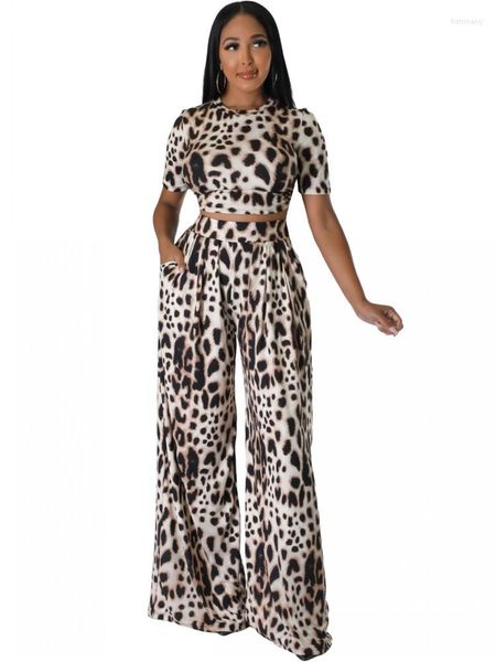 Tracce femminili cimopi cror top leopardo pantaloni a gamba larga set per due pezzi per abiti estivi per donne abbina