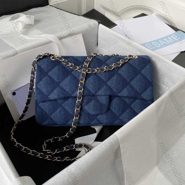 10a Tier Mirror Quality Classic Flap Bag 25cm Médio Mulheres Real Couro Azul Denim Bolsa Acolchoada Pequenos Designers de Luxo Crossbody Ombro Chain Strap Box