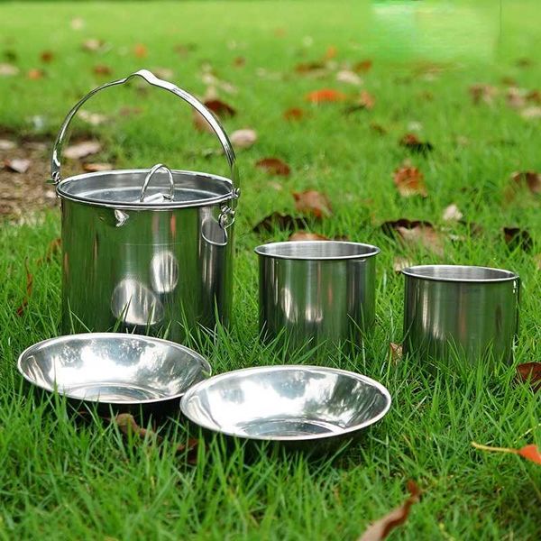 Cozinha de acampamento 5 peças Conjunto de aço inoxidável Pan Bowl Bowl Camping Cozes de panelas ao ar livre Pote de água Pote de água 2-3 pessoas Conjunto de panela pendurado chaleira p230506