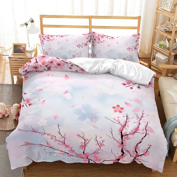 Set di biancheria da letto Copripiumino floreale rosa Set biancheria da letto a tema fiori di ciliegio giapponese Copripiumino romantico primaverile per ragazza Copriletto in microfibra 230506