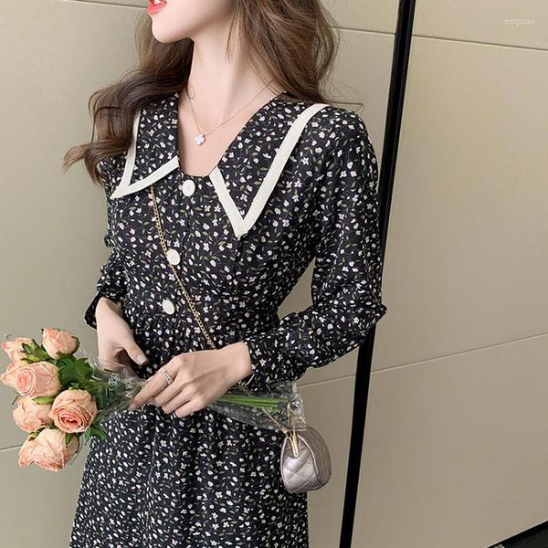 Sıradan Elbiseler 2023 Sonbahar Bebek Yakası Uzun Kollu Şifon Koreli Kore Çiçek Vintage Elbise Puf Dantel Siyah Düğmesi Damla 2226