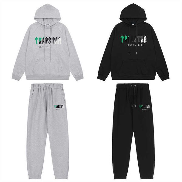 Moda Moda Moletom Com Capuz Trapstar Verde Preto Cinza Branco Toalha Bordada de Pelúcia High Street Conjunto Casual para Homens Mulheres Casual Streetwear