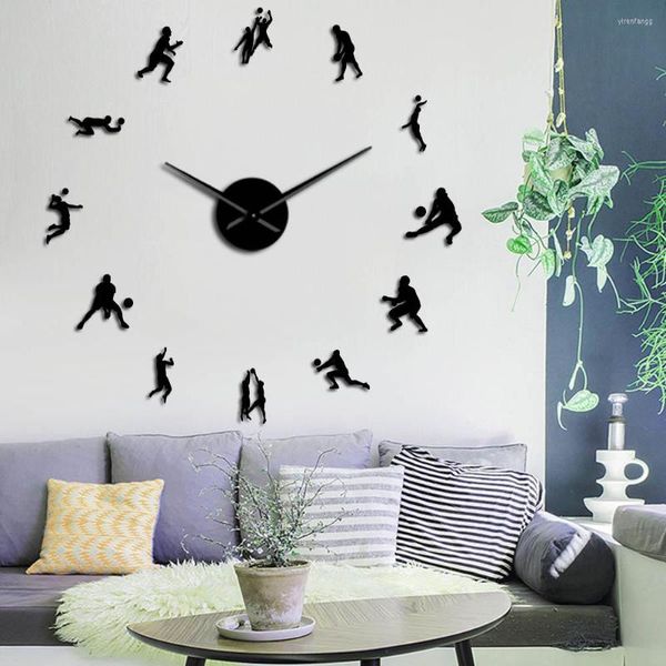 Настенные часы волейболисты зеркал наклейка современная тихий большие часы часы гостиная спортивные декор дома.
