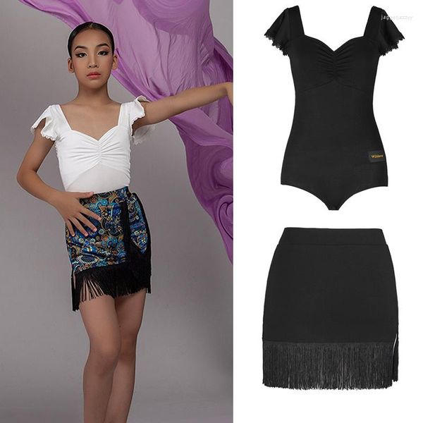 Desgaste do palco meninas com mangas de manga Latina Top Fringes Saias infantis Salsa Tango Ballroom Professional Sets Practice Roupas Trajes SL7088