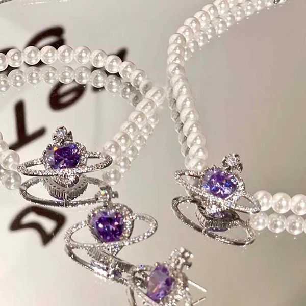 Collane con ciondolo Fashion Charm Pianeta viola Brillante Temperamento Orecchini Collana Bracciale Set Crystal Planet Set di gioielli con strass Regalo