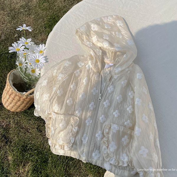 Yağmur Dişli Yaz Moda Hafif Çocuklar Güneş Takımları Çiçek Nakışları Güzel Kızlar Çizme Hoodstring Kapşonlu Zip Bebek Ceketleri 1 10 Yıl 230520