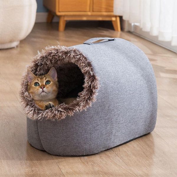 Esteiras casa para animais de estimação para pequeno cão gato cama casa portátil fechado pelúcia gatinho ninho inverno quente macio pet caverna canil sono profundo sofá