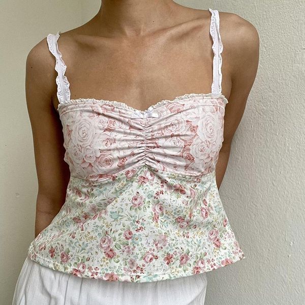 Canotte Canotte Maemukilabe Top con stampa floreale Crop Top in pizzo Avvolgere sul petto Backless Tie Up Milkmaid Top Chic Retro Y2K Fairycore Top a canotta 230506