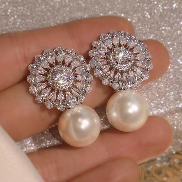 Ohrstecker Exquisite Blume Zirkon Perle für Frauen glänzen Urlaubsparty Eleganter Luxus-Hochzeits-Ohrring