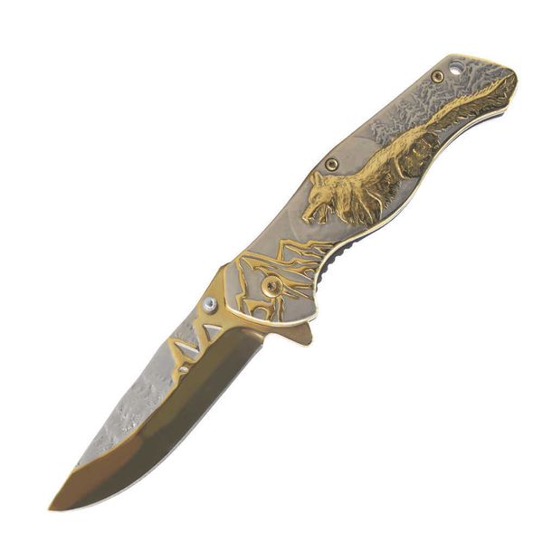 Camping Jagdmesser Klappmesser Golden Outdoor Camping Überlebensmesser Wolf Muster Scharfes Taktisches Trainingsmesser Praktisches Küchenzubehör P230506