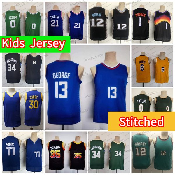 Luka 77 Jersey de basquete juvenil Harden 1 Jayson Tatum Ja 30 Curry Giannis Morant Durant Doncic 13 24 6 12 1 35 Crianças Jerseys costuram camisas meninos