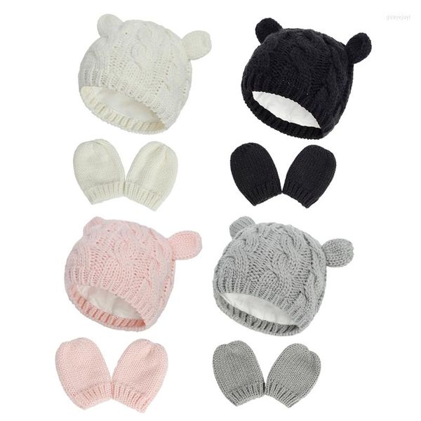Set di abbigliamento D7YD Set di guanti invernali per cappelli caldi per bambini 0-3 anni Neonato e ragazza che lavorano a maglia Solido berretto di lana carino Guanto completo