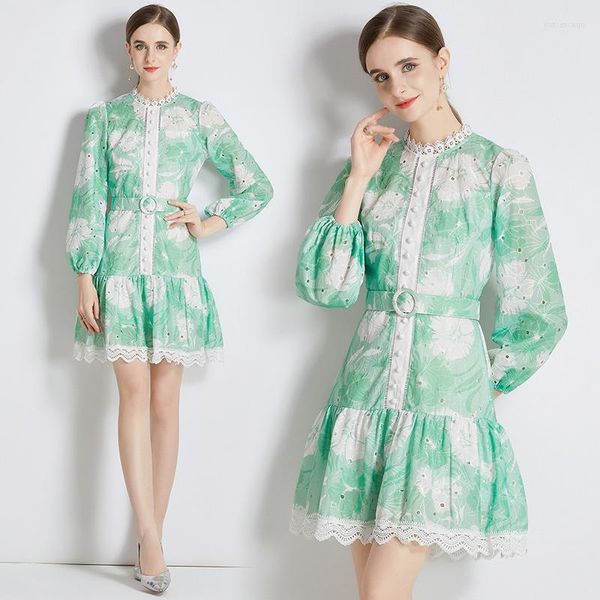 Vestidos casuais glam mulheres de manga longa até a altura do joelho de outono vestidos ocidentais feminino cor verde bordado jovem lazer floral