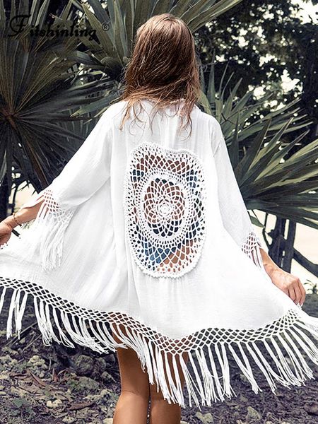 Fitshinling boêmio franja praia coverup biquíni branco longo cardigan crochê oco para fora sexy quimono roupa de banho férias outing novo