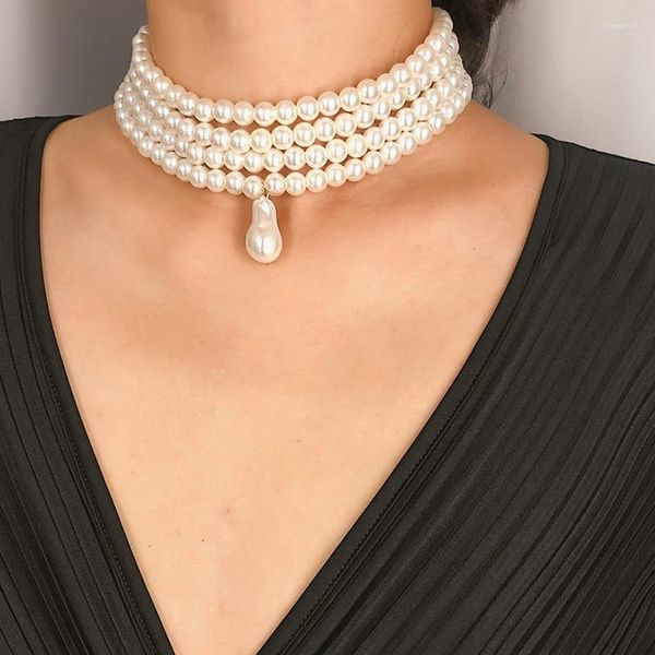 Choker Mehrschichtige Perlen Imitationsperlen Halskette Braut Eheringe Schmuck Geschenk Statement Elegantes Halsband Bijoux Femme