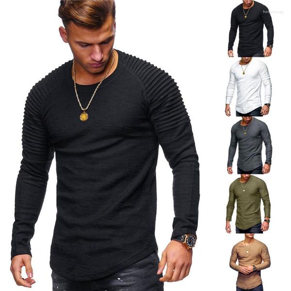 Herren T-Shirts Plissee Raglan Slub Muster Einfarbig Langarm T-Shirt Lässige Mode Herbstkleidung