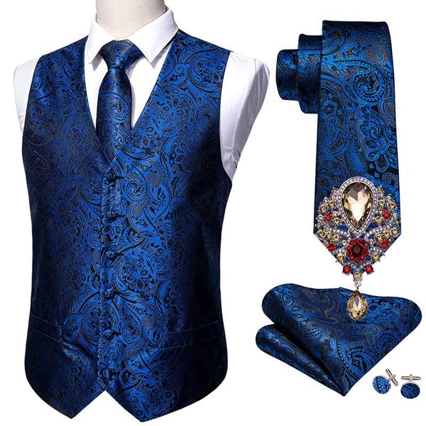 Broschen 5PCS Designer Herren Hochzeitsanzug Weste Marineblau Paisley Jacquard Folral Seidenweste Krawatte Broschen Weste Set Barry.Wang Bräutigam